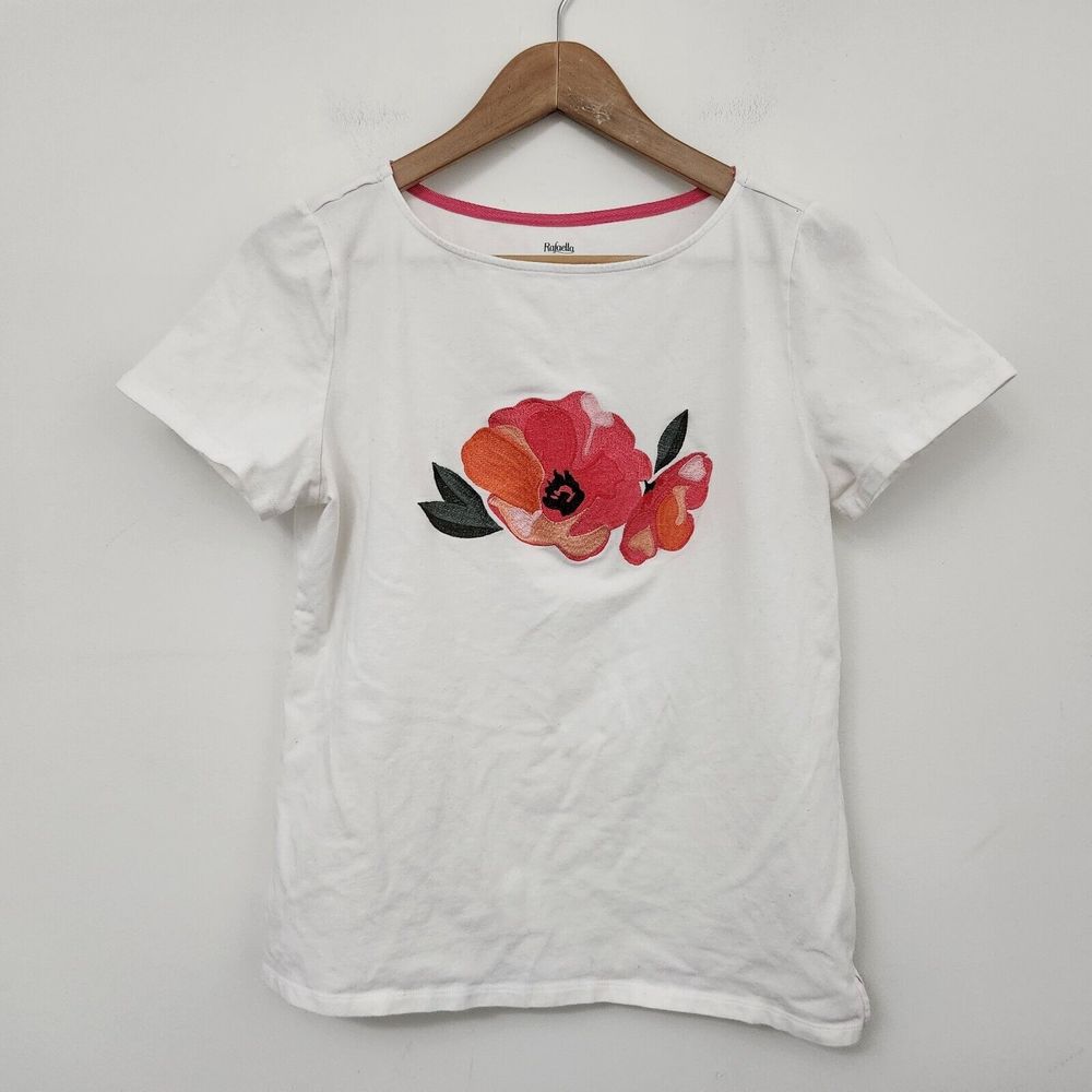 RAFAELLA Women's White Short Sleeve Flower Embroidery Round Neck T-Shirt Size L